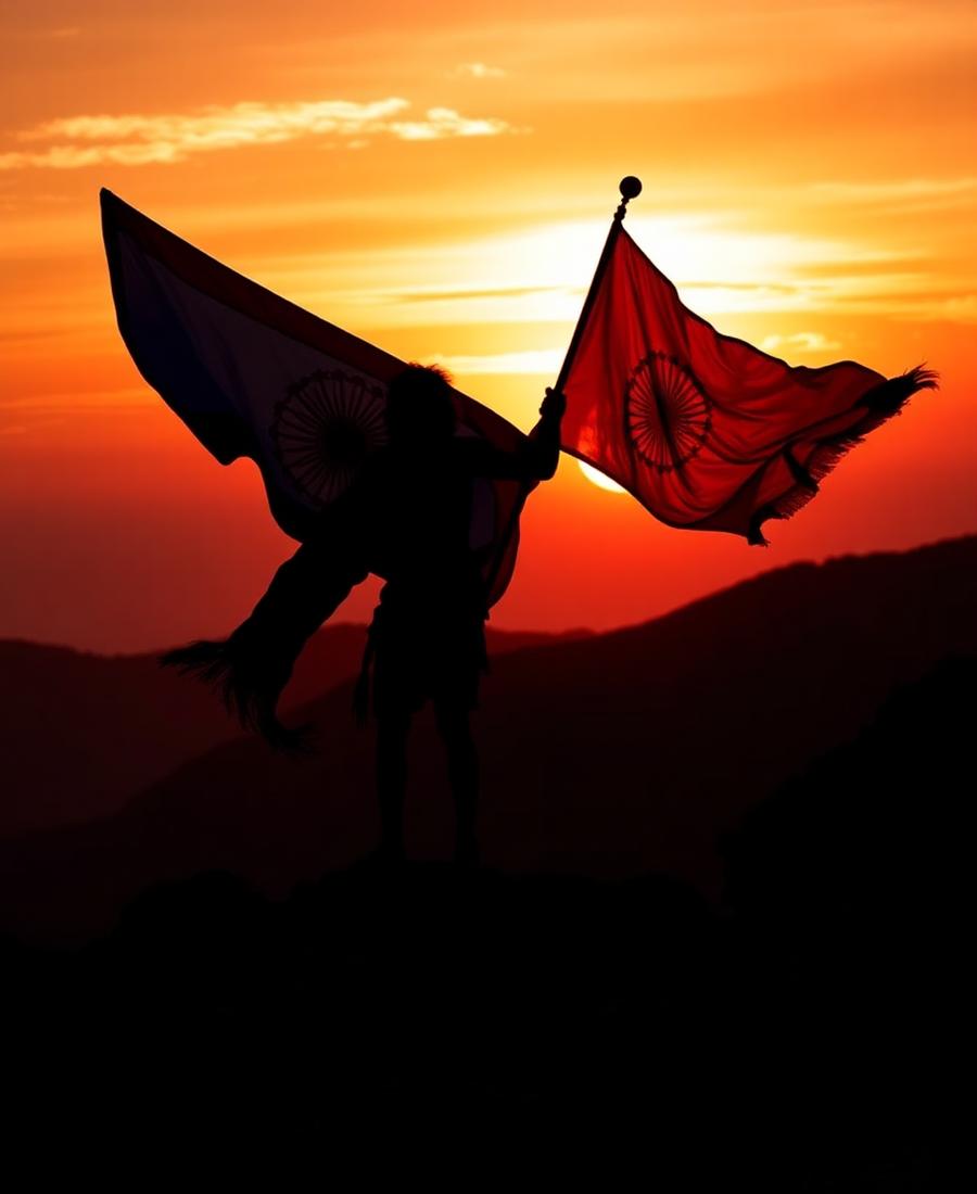 A young volunteer raising the national flag at sunrise on a hilltop