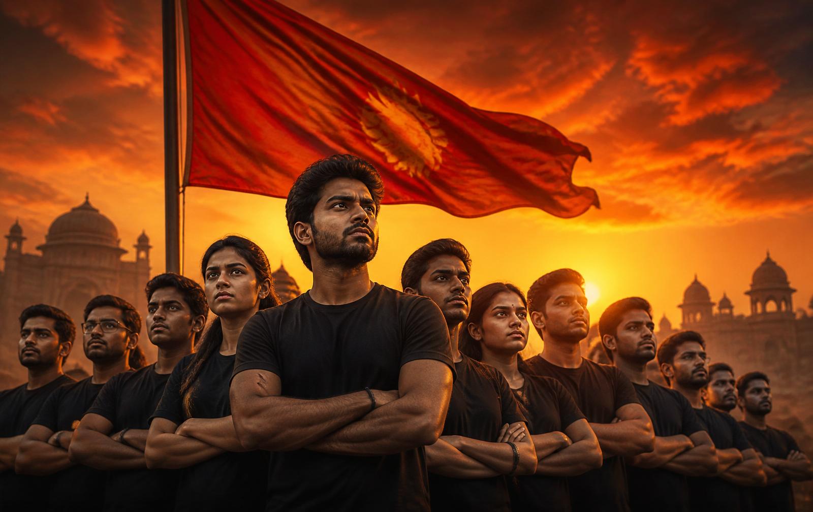 Young Indian volunteers of OHC standing together beneath the movement flag at sunrise